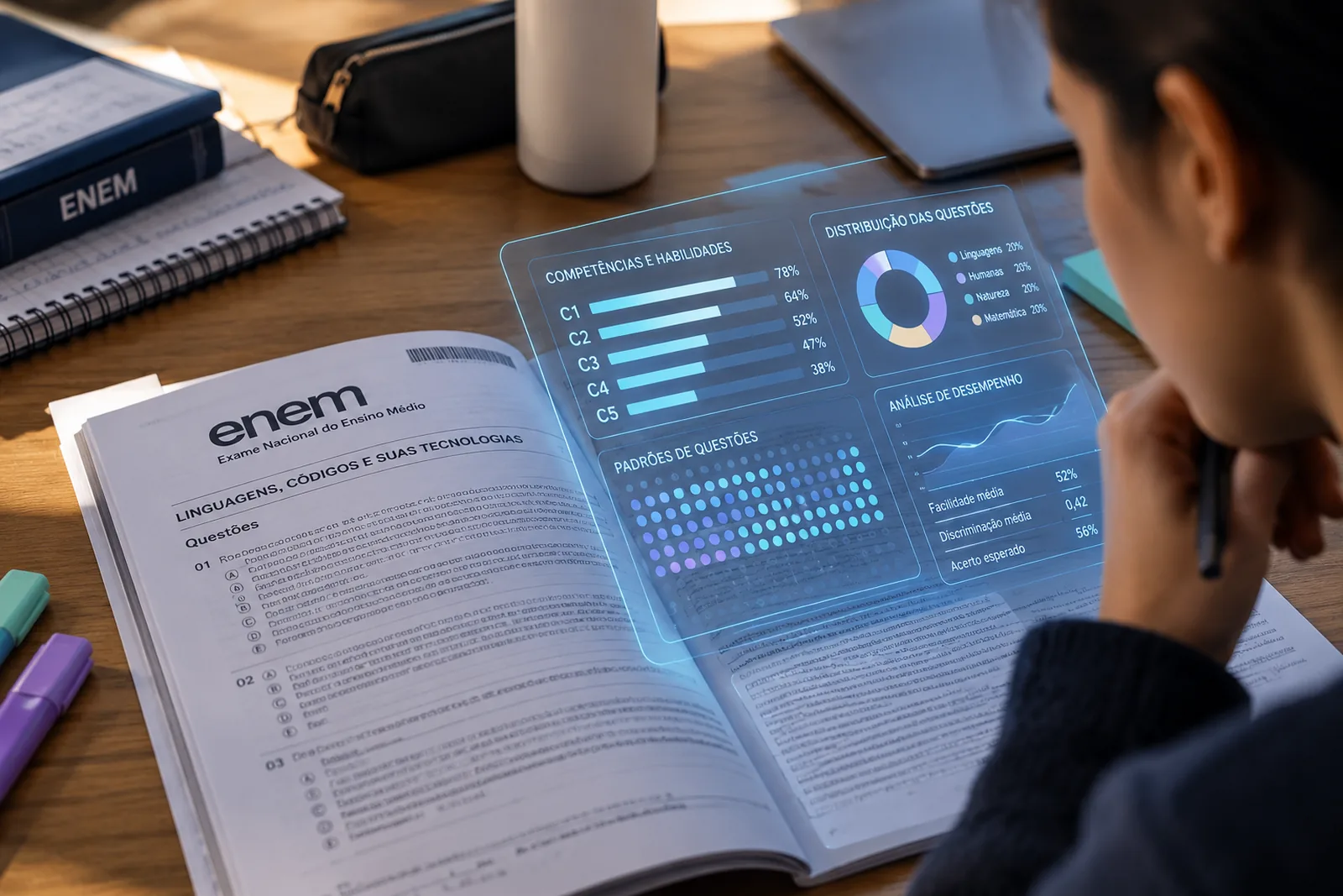Análise visual do ENEM com prova aberta e painel digital mostrando competências, habilidades e distribuição das questões
