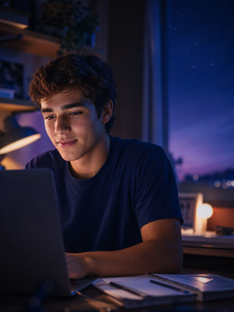Estudante sorrindo enquanto estuda no notebook à noite