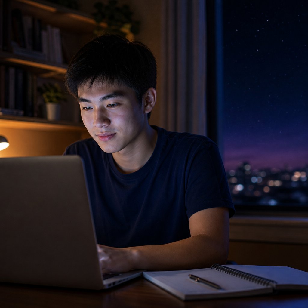 Jovem oriental estuda à noite no notebook, em um quarto com luz fria