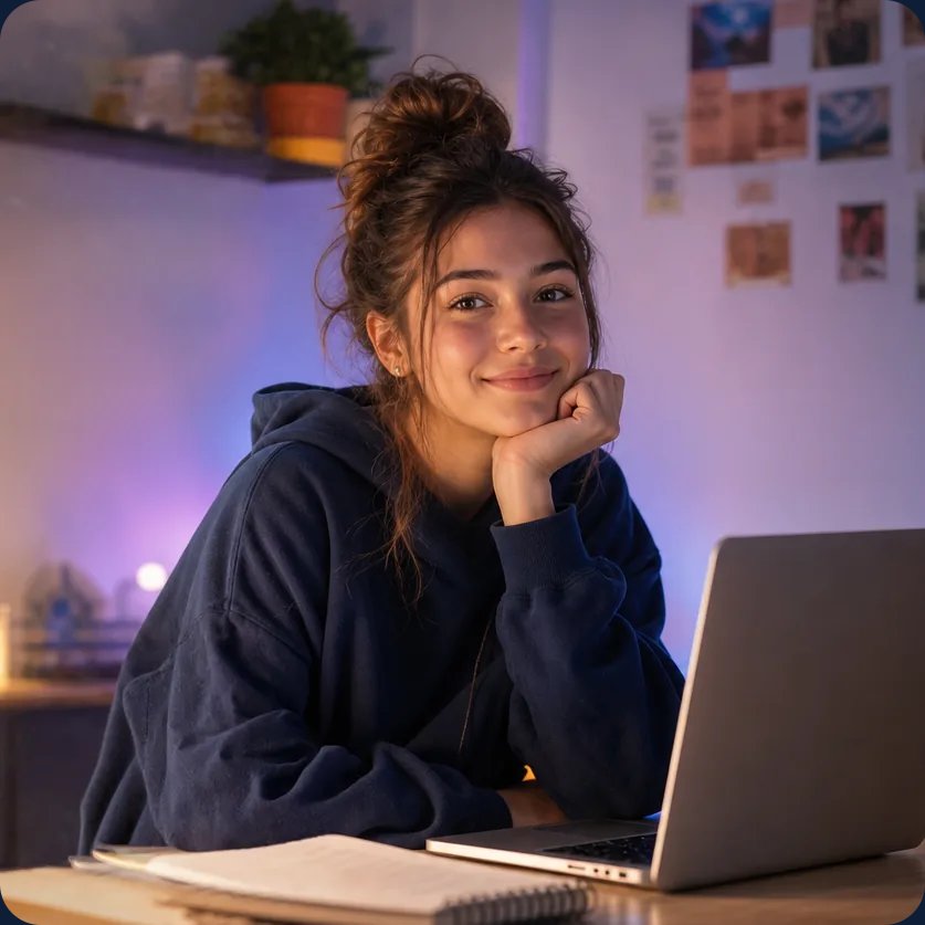 Estudante sorrindo enquanto estuda redação no notebook à noite