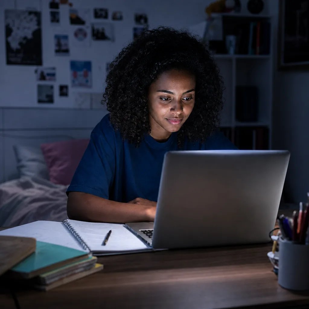 Jovem negra de cabelo cacheado estuda à noite no notebook, em um quarto com luz fria.