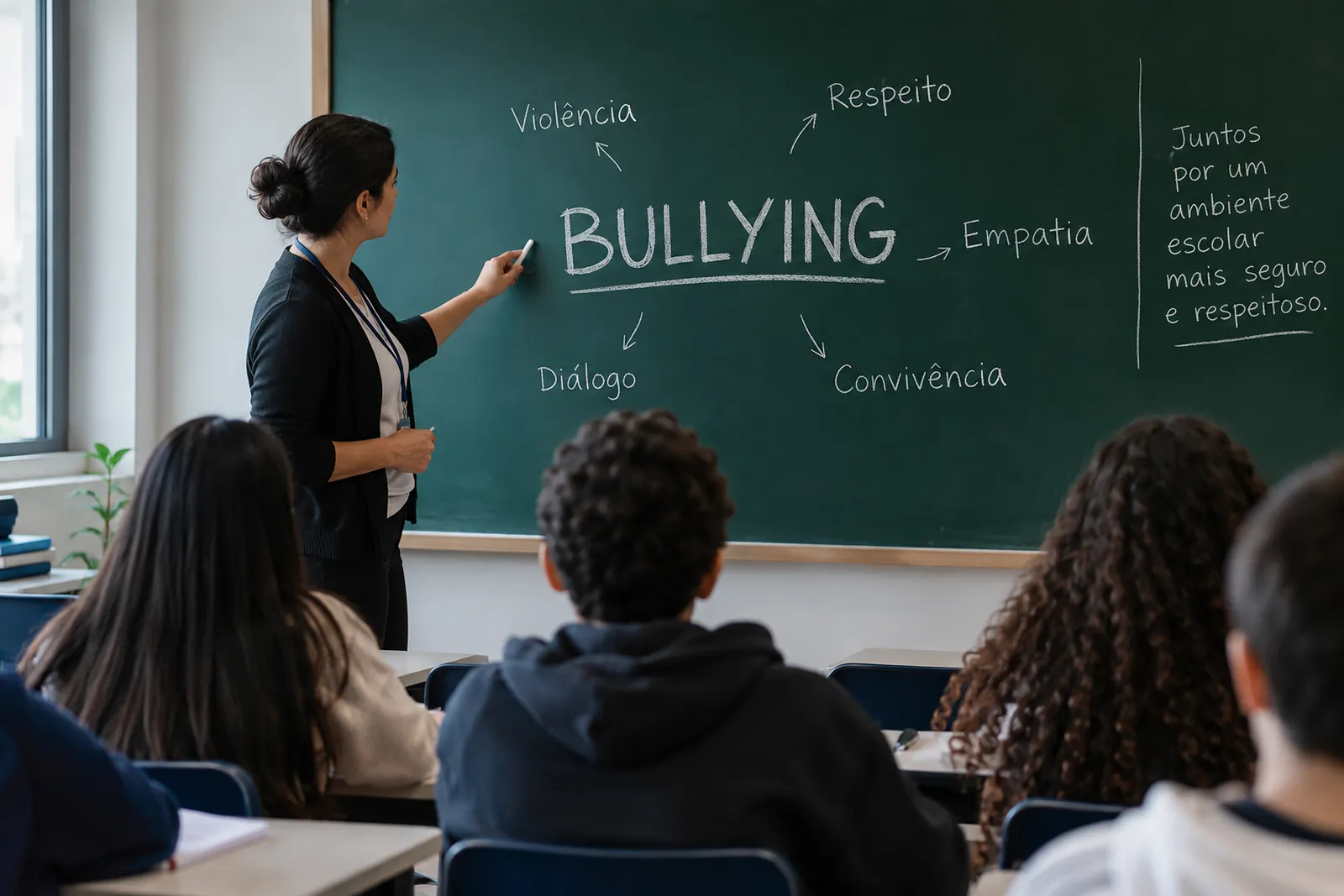Professora e alunos em sala de aula diante de um mapa mental sobre bullying no ambiente escolar.