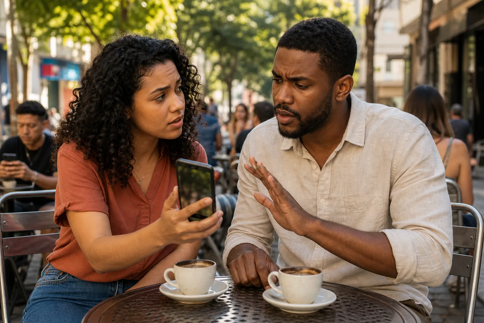 Num café, uma jovem mostra o celular ao amigo; a tela está ilegível, e os dois olham com dúvida para o que ela acabou de receber.