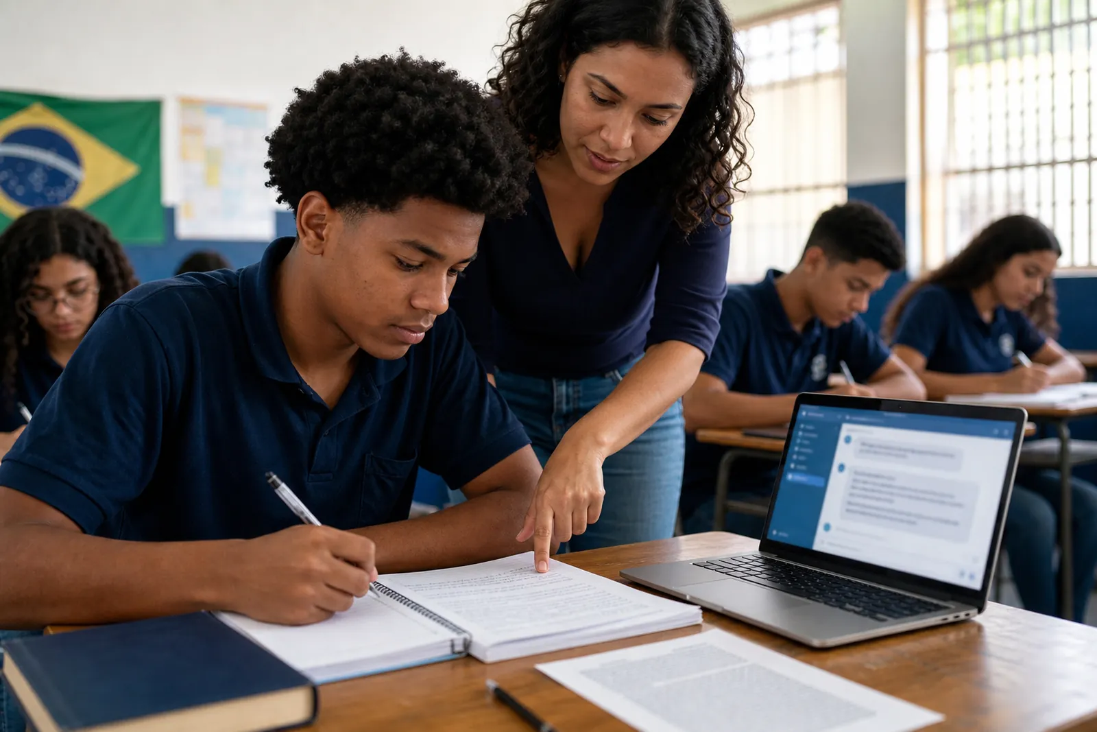 Estudante do ensino médio escreve à mão enquanto a professora aponta o caderno; um notebook com assistente de IA permanece aberto ao lado.