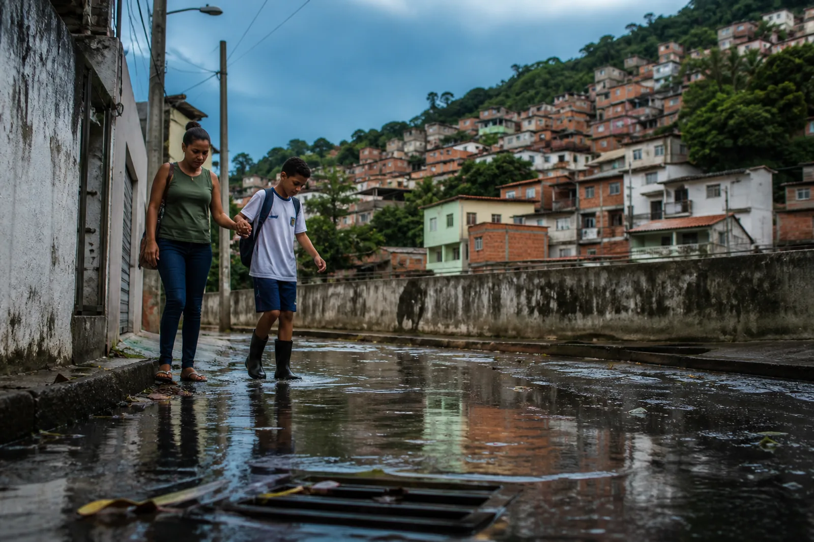Rua alagada em cidade brasileira após chuva forte; moradores caminham na calçada e casas ocupam a encosta ao fundo.