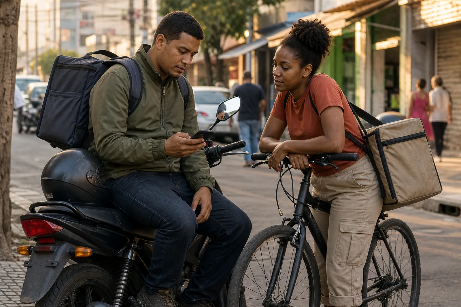 Entregadores descansam na calçada entre um pedido e outro; ele consulta o celular ao lado da moto, ela espera com a bicicleta, ambos com mochilas sem identificação.