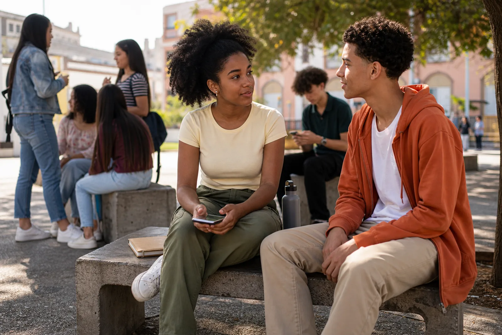 Dois jovens conversam num banco de praça; ela segura o celular com a tela voltada para baixo, enquanto outros jovens ao fundo usam o telefone.