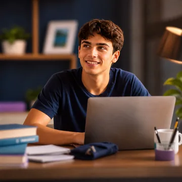 Estudante sorridente em mesa de estudos com notebook e livros, representando a metodologia e o treino Azimus.
