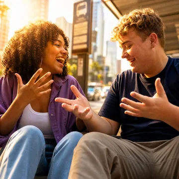 Dois estudantes conversando e sorrindo ao ar livre, representando interação e interpretação em Humanas e Linguagens.
