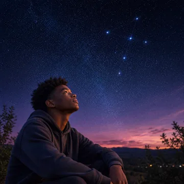 Jovem observando um céu estrelado com constelação em forma de bússola, simbolizando orientação nos estudos de Matemática e Natureza.